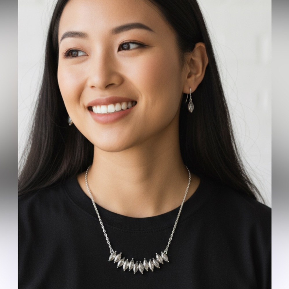 Elegant Silver and onyx style Necklace and Earring Set